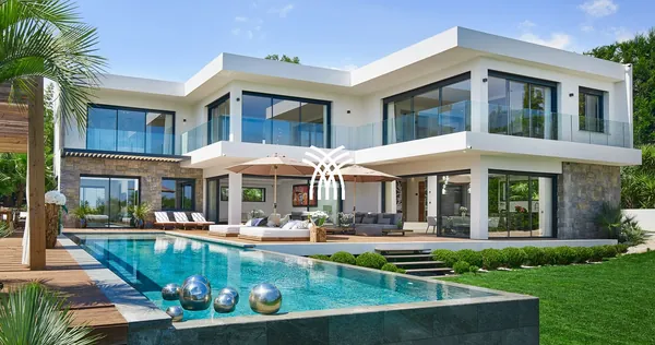 Villa Mila in Mougins: a white modern villa with an infinity pool and a palm tree.